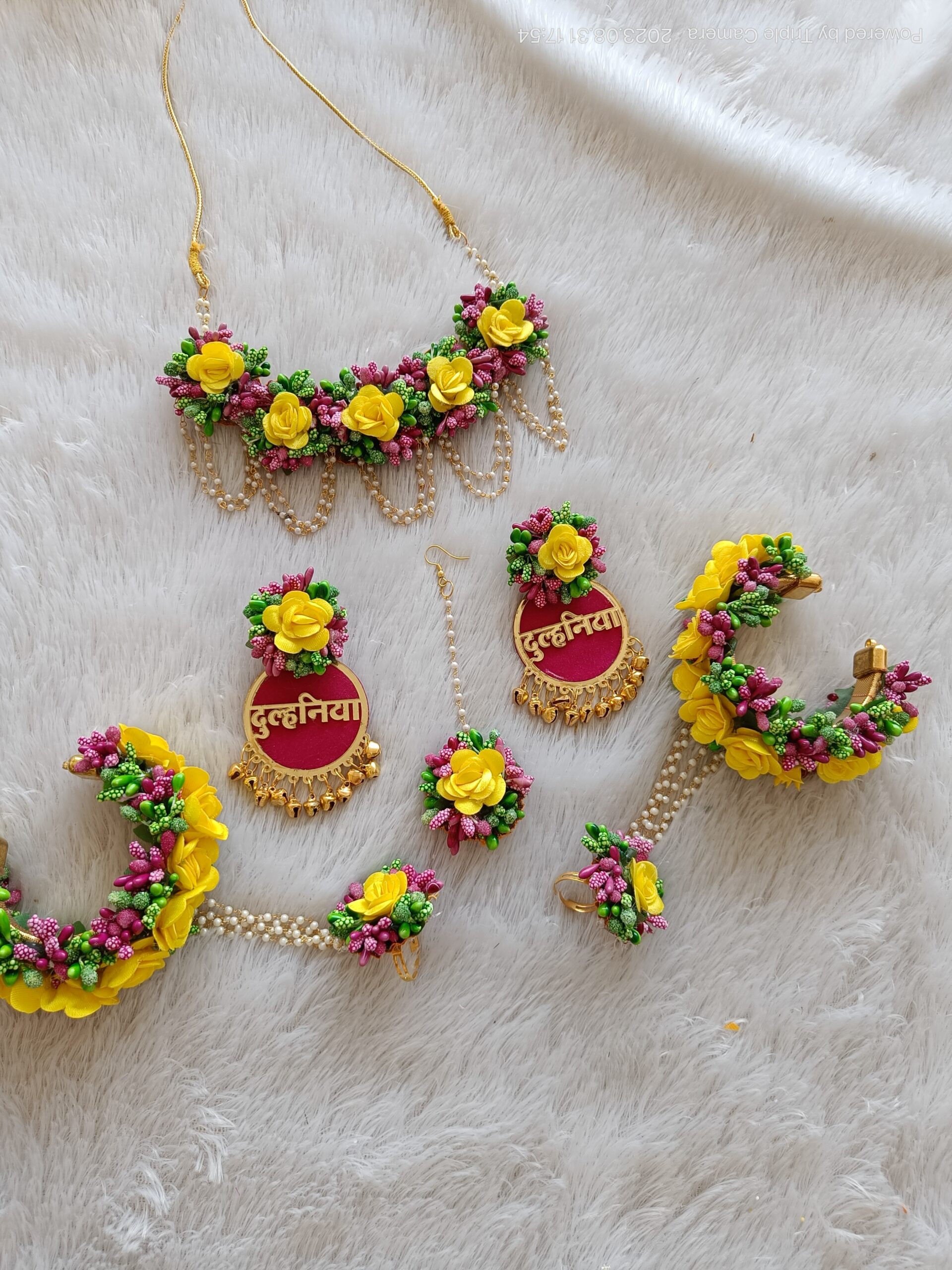 Yellow & Maroon Artificial Floral "Dulhaniya" Jewelry Set