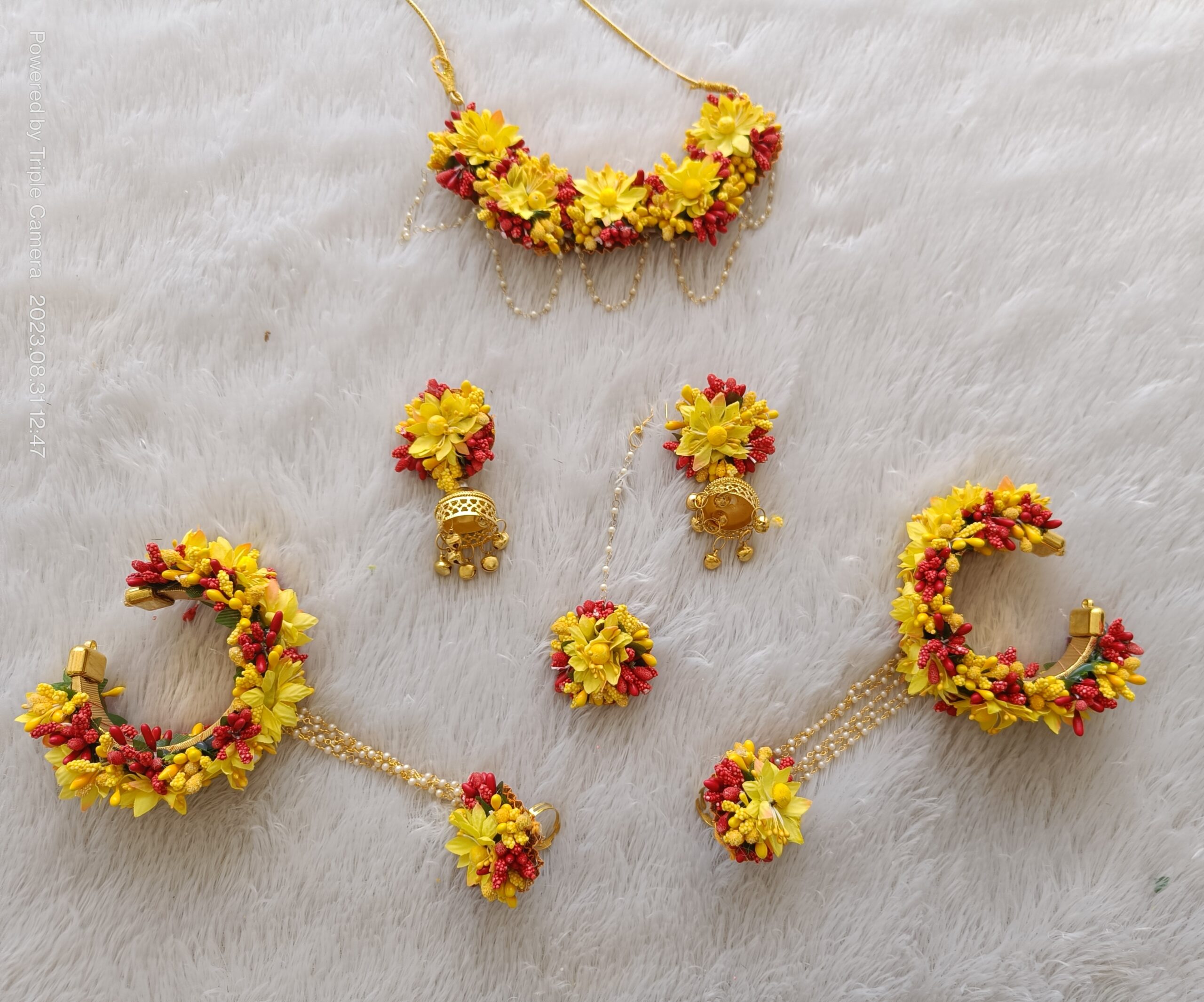 Yellow & Red Artificial Floral Bridal Jewelry Set