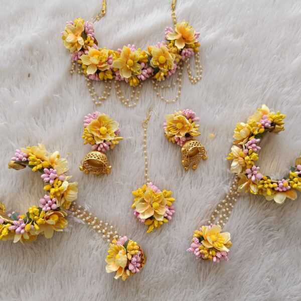 Yellow & Pink Artificial Floral Bridal Jewelry Set