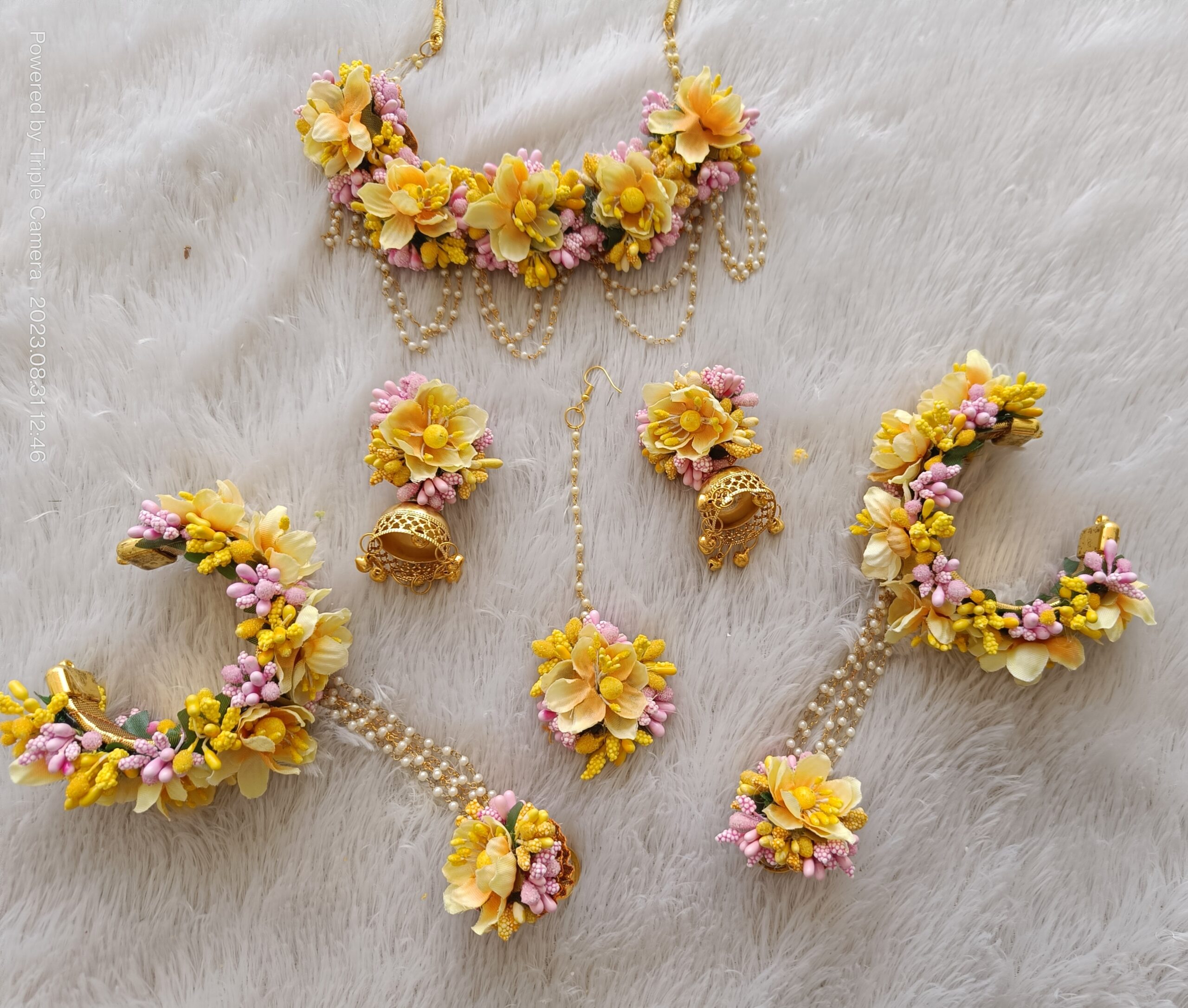 Yellow & Pink Artificial Floral Bridal Jewelry Set