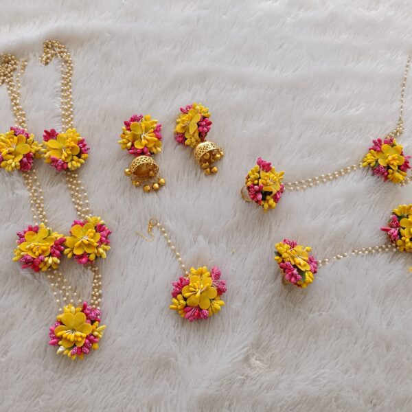Yellow & Pink Long Necklace Artificial Floral Set
