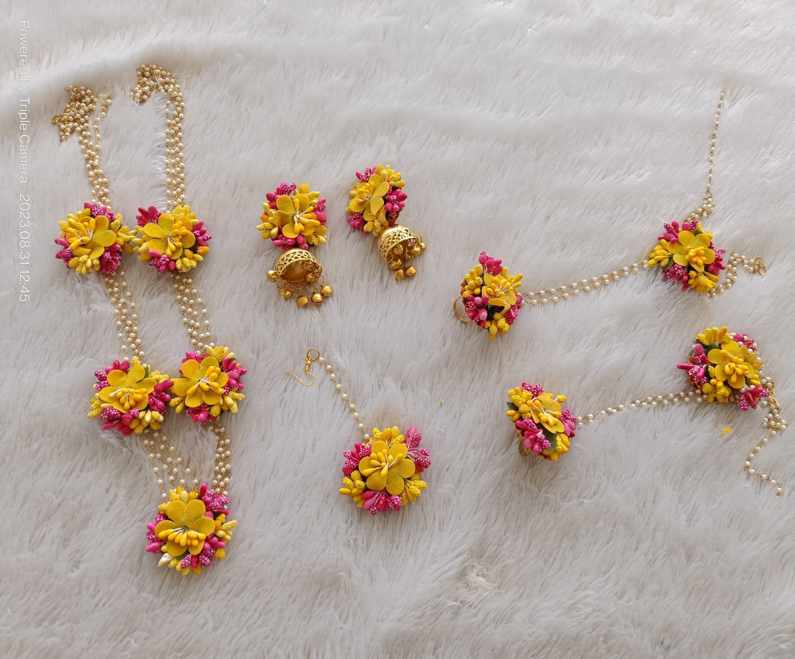 Yellow & Pink Long Necklace Artificial Floral Set