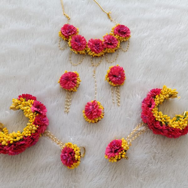 Dark Pink & Yellow Artificial Floral Bridal Jewelry Set