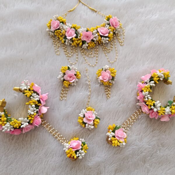 Pink, Yellow & White Artificial Floral Bridal Jewelry Set