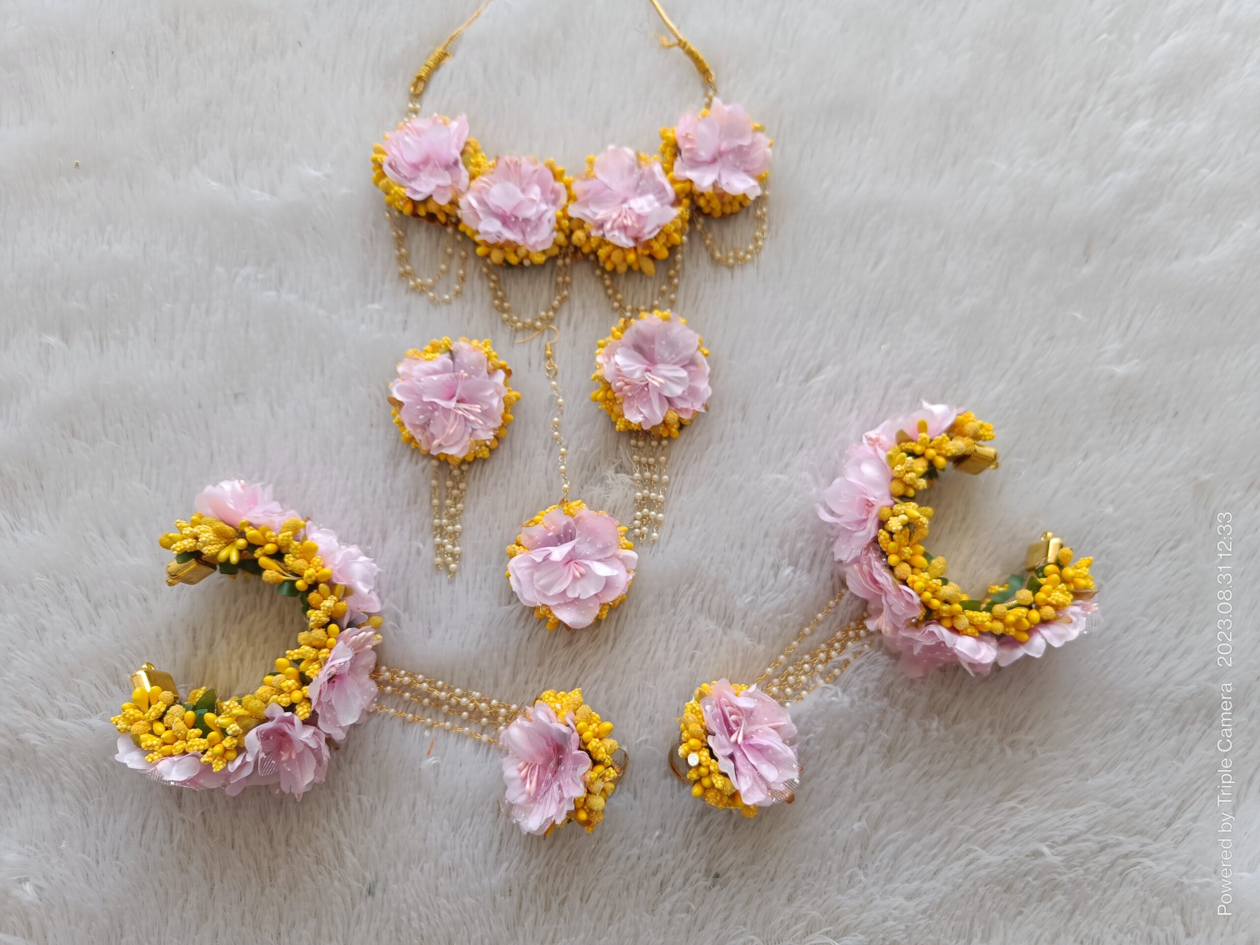 Pink & Yellow Artificial Floral Bridal Jewelry Set