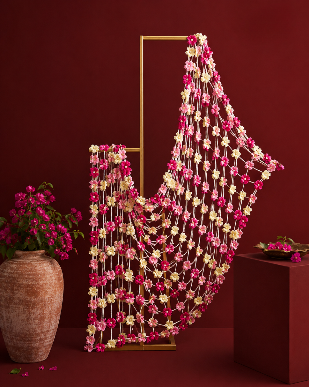 Handcrafted Floral Dupatta – Pink & Ivory Wedding Haldi Accessory