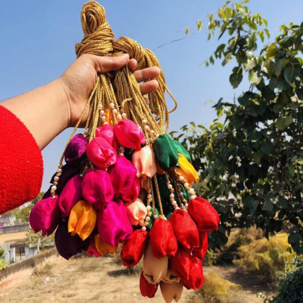 Handcrafted Punjabi Floral Paranda with Fabric Bud Tassels – Multicolor
