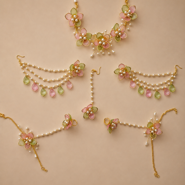 Pastel Pink & Green Floral Jewellery Set