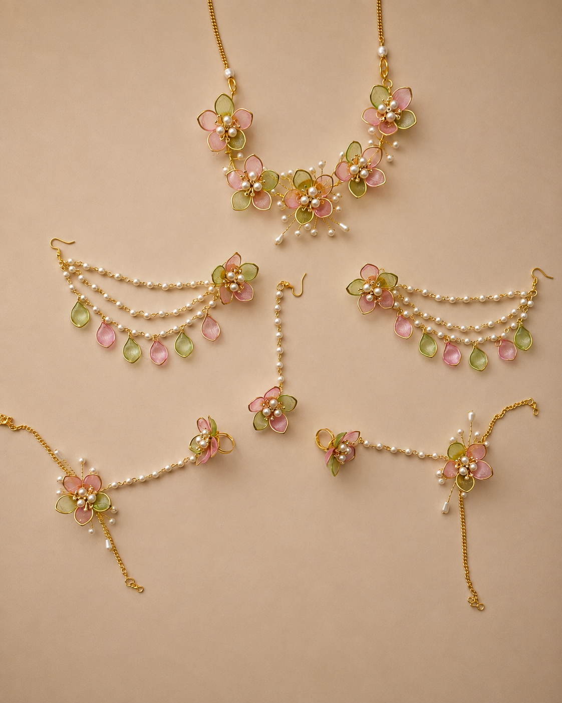 Pastel Pink & Green Floral Jewellery Set